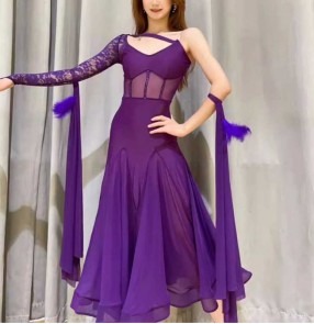 Violet lace one shoulder ballroom dance dresses for women girls waltz tango foxtrot rhythm moving dancing long swing skirts for female